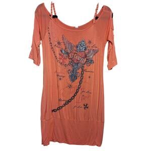 Y2K glam off the shoulder bling tattoo style graphic print cold shoulder tunic